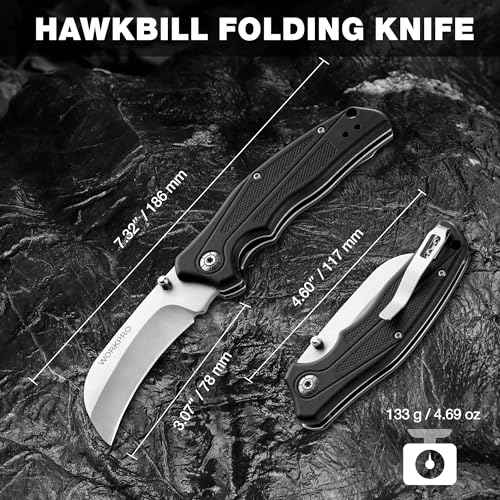 WORKPRO Pocket Knife, Hawkbill Folding Utility Knife with Lanyard Hole and Belt Clip, Electrician Knife for Cable Skinning and Carpet, Linoleum, Cardboard, Rope, Wire Cutting