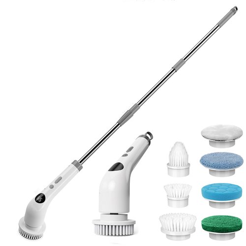 Qimedo Handheld Spin Scrubber with 40In Extended Long Handle, Rechargeable Electric Shower Scrubber for Cleaning, Cordless Power Dish Scrubber with 7 Brushes for Bathtub Grout Tile Floor