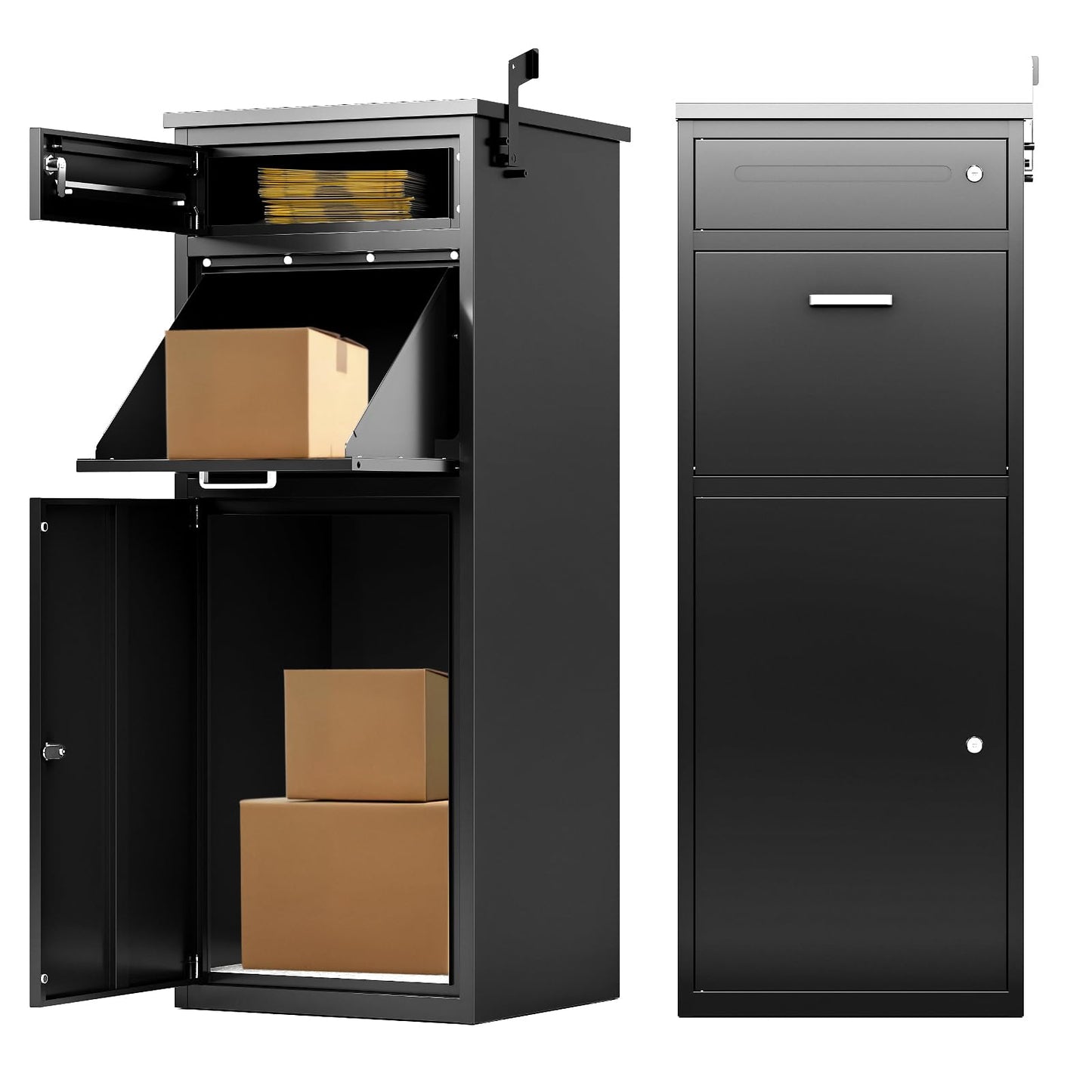 Large Capacity Parcel Drop Box with Secure Locking Function - Cold Rolled Steel Package Delivery Boxes, Weatherproof Freestanding Design for Packages, Mail & Magazines (16.92"x15.74"x44.5")