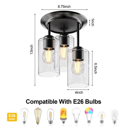 Kalium 3-Lights Semi Flush Mount Ceiling Light Fixture, Farmhouse Light Fixtures, Ceiling Light Decor for Kitchen, Foyer, Entryway, Matte Black with Clear Glass Shade.