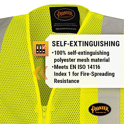Pioneer Hi Vis Self-Extinguishing FR Safety Vest for Men & Women - Flame Resistant Mesh with Reflective Tape - Class 2
