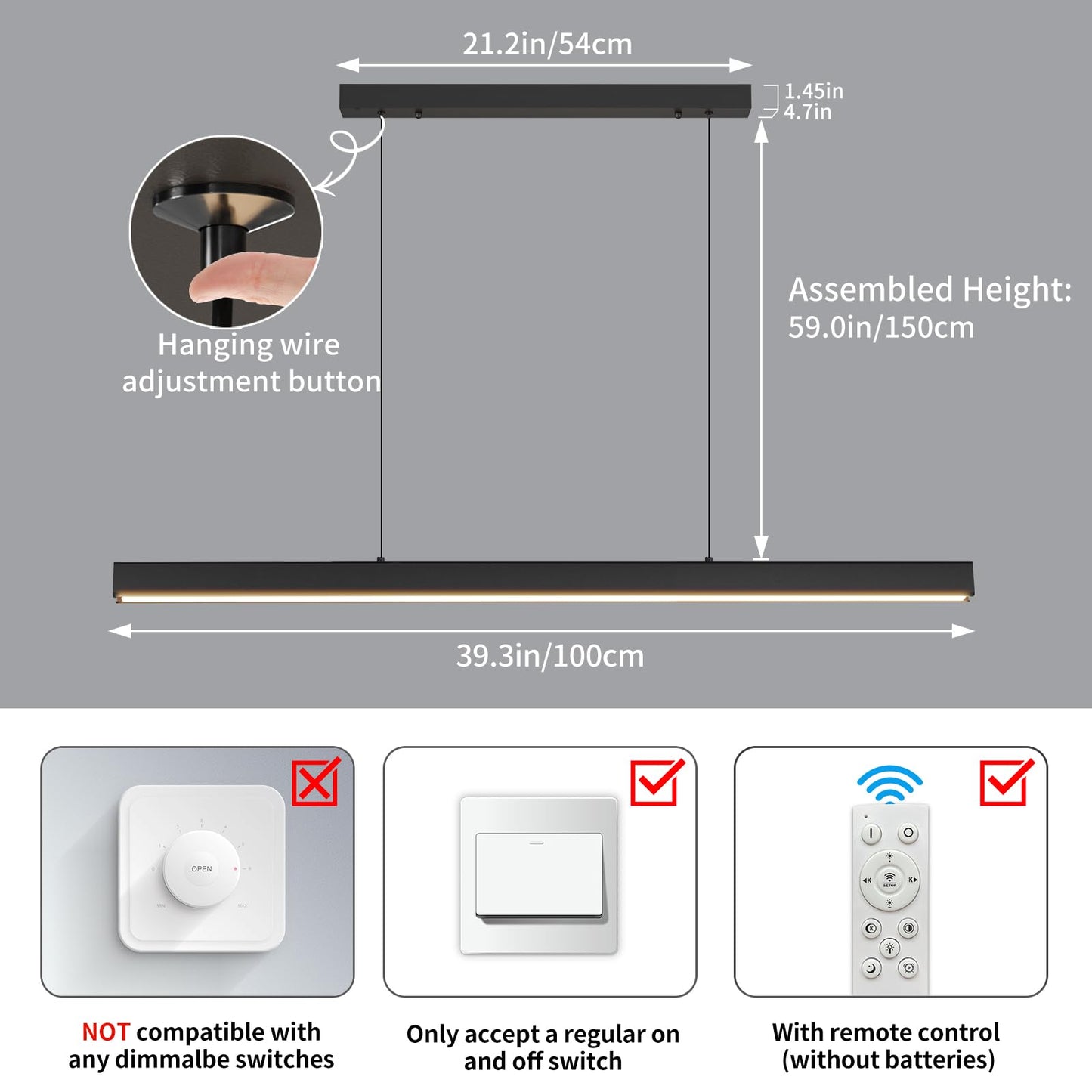 Modern LED Linear Pendant Light, 39IN Ceiling Chandlier Light Fixtures Hanging with Remote Control 3000k-6500K Adjustable Color Temperature Island Light for Dining Room, Kitchen