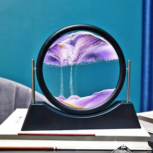 Oneshow Moving Sand Art Picture Flowing Sand Painting 3D Deep Sea Sandscape Liquid Motion Display 360° Rotation Round Glass Frame Relaxing Desktop Home Office Decor for Adult Desk Art (Purple)