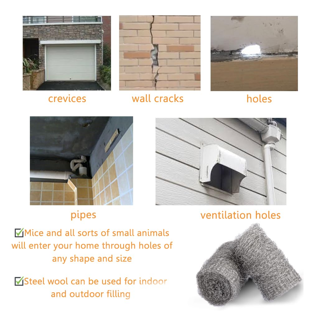 Alabrocon Bulk Steel Wool Roll Kit, Steel Wool 0000 15pcs, Gap Blocker, 0000 Steel Wool Keep Mice Away from Holes/Siding/Pipeline/Vents in Garden, House, 15 Pack × 1.6FT