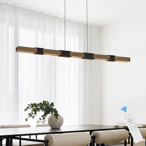 CaraLuxe 52in LED Linear Pendant Light Dimmable Black Kitchen Island Light Walnut Wood Hanging Pendant Light with Remote Control Modern Linear Chandelier for Dining Room Home Office Study Room