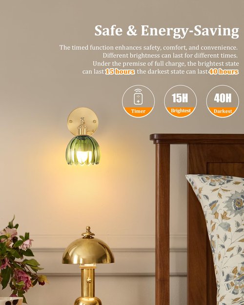Shenmoyl Vintage Battery Operated Wall Sconce with Green Tulip Glass Lampshade Wireless Rechargeable Battery Powered Wall Light with Remote Control for Bedside Bedroom Doorway, Set of 2