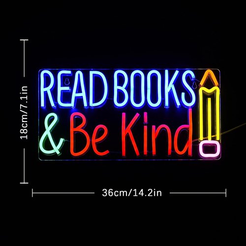 LULANMP Read Books And Be Kind Neon Sign Pencil Neon Light Student LED Neon Light Colorful Neon Light Up Sign Suitable for Classroom Bookstore Library Museum Study Room (14.1"*7")