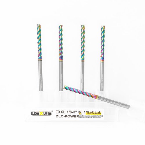 WEXWE Tools 1/8” Extra Long Carbide Square End Mill for Aluminum, Copper Alloy, Plastic, 3" Overall Length End Mill Bits, 3 Flute HRC 62 Deg DLC Coating, CNC Router Bits 1/8 Shank (1/8-3" 5PCS)