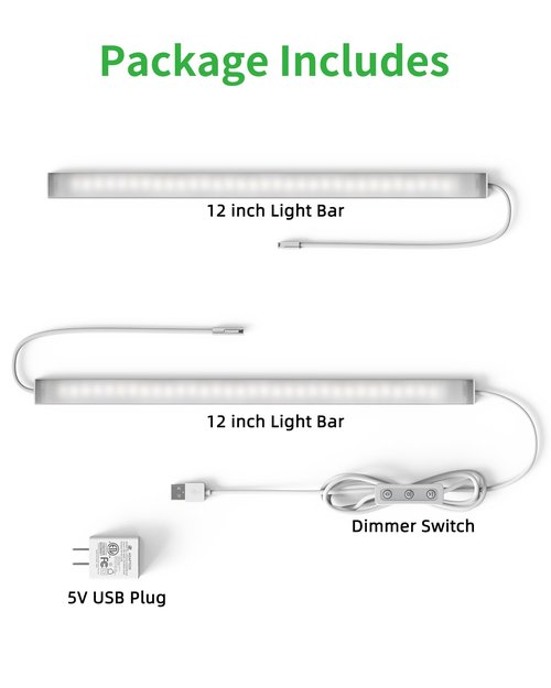 Vovamo Plug-in Under Cabinet Lighting, Dimmable Counter Lights for Kitchen, 2pcs 12 Inch, Cold White 6000K Linkable USB Led Closet Light, Wired Indoor Night Lights Bar for Desk, Sink,Workbench