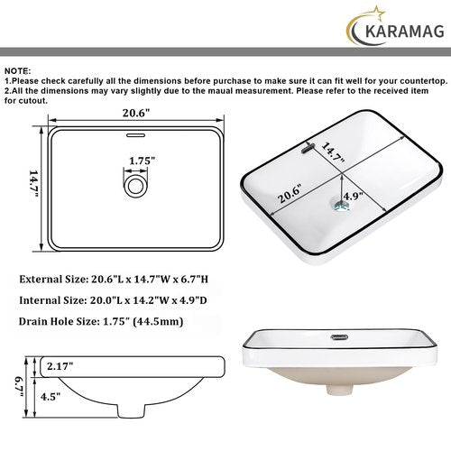 KARAMAG Bathroom Vessel Sink 20.6'' x 14.7'' Semi Recessed Bathroom Sink Rectangular Drop-in Vanity Sink with Overflow White with Black Rim Ceramic Modern Art Basin