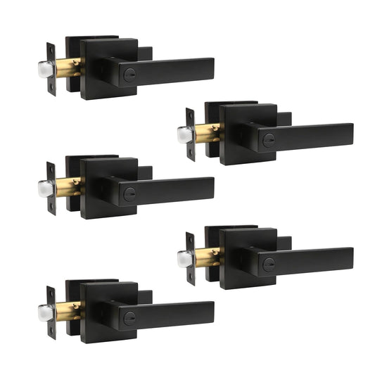 Brotima 5 Pack Matte Black Door Handles Privacy Door Levers, Heavy Duty Bed and Bath Door Locks Interior Keyless Locksets, Reversible Flat Levers with Square Rosette