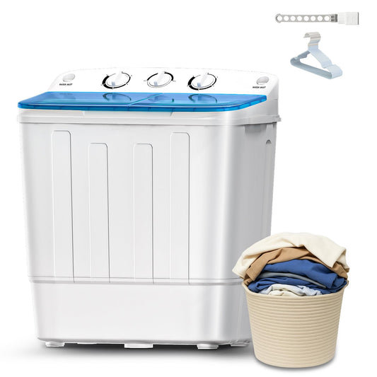 Stopsad Portable Mini Twin Tub 18Lbs Washing Machine with Drying Rack and 10 Hangers, Washer(11Lbs) and Spinner(7Lbs), Compact Laundry Washer for Apartments, Dorms(Blue)