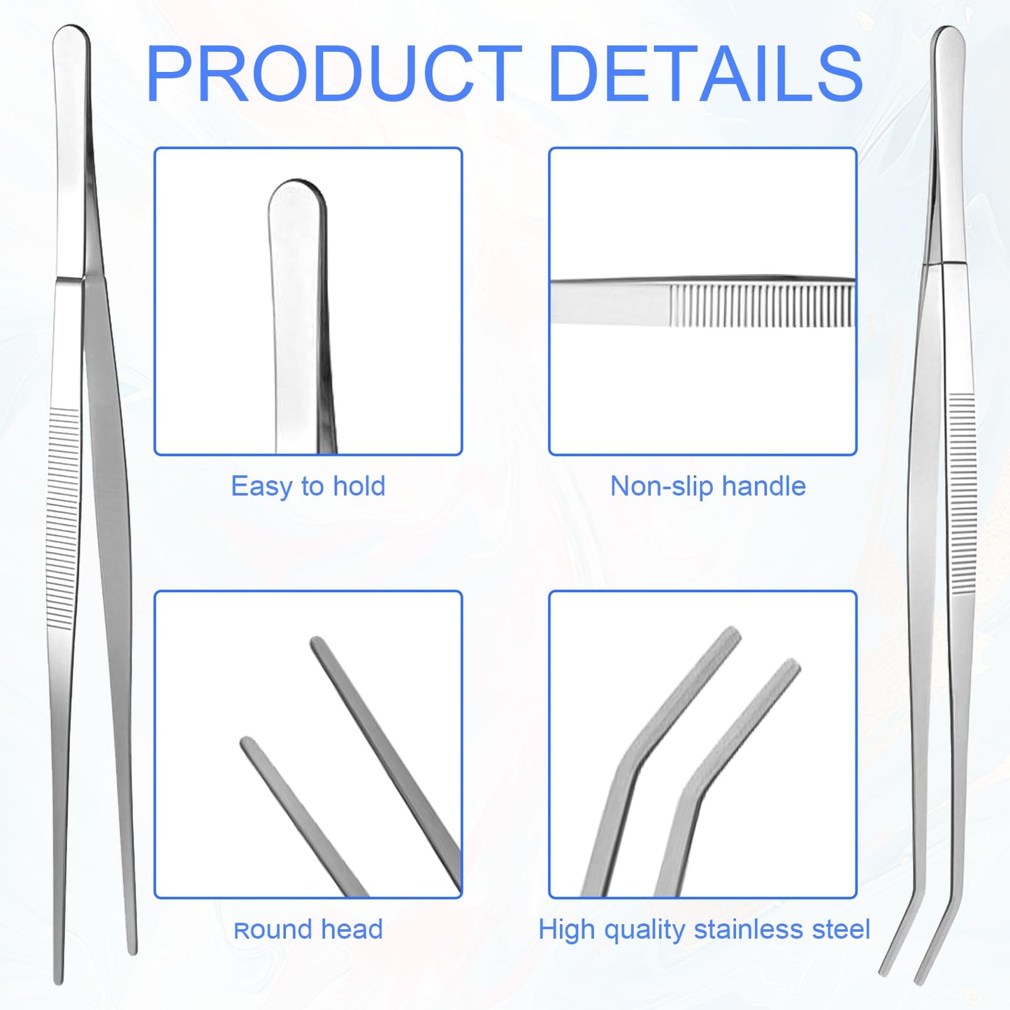 2 PCS 12 Inch Long Handle Tweezers, Straight and Curved Tip Tweezers, Stainless Steel Precision Tweezer Set, Plant Tweezer for Kitchen, Garden, Indoors and Outdoors