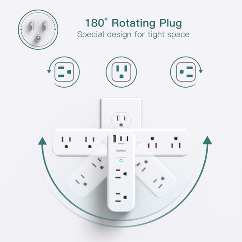 PD 30W Outlet Extender Surge Protector - with Rotating Plug, 6 AC Outlets Splitter 3 USB Ports (2 USB C), 1800J, 3-Side Power Strip Wall Mount, Multi Plug Outlet for College Dorm Travel Essentials