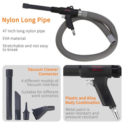 BAUSATZ Pneumatic Vacuum Cleaner Kit Dual Function Air Vacuum Blow Gun and Suction Vacuum Includes 4 Air Nozzles, 47in Dust Collection Tube, Dust Collection Bag (Grey)