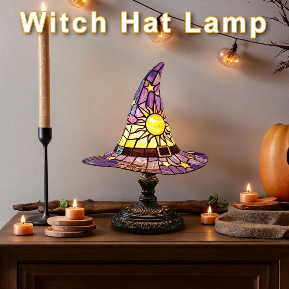 HatLeb Witch Hat Lamps, Handcrafted Stained Glass Resin Wizard Hat Light Gothic Table Lamp for Halloween Decor, Spooky Night Light for Bedroom and Indoor Parties, Unique Wiccan Gift