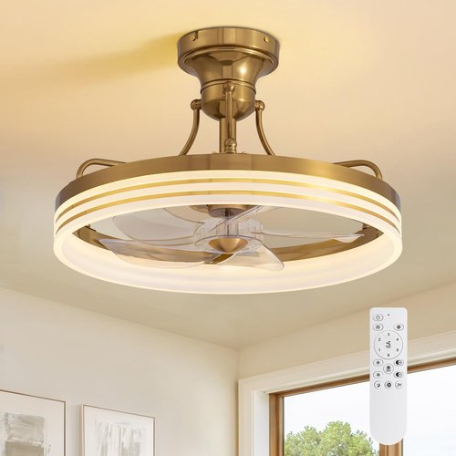 MOOONICHE 20inch Ceiling Fan With Light Gold Flush Mount Fandelier with Remote Control Modern LED Ceiling Fan 6 Wind Speeds Fandelier for Bedroom Living Room Kitchen
