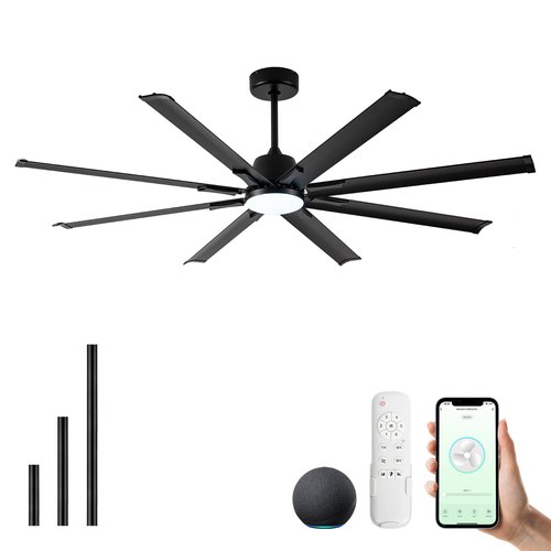 Maxslak 72 Inch Ceiling Fan with Light,Industrial Ceiling Fan with 8 Black Aluminium Blades,Smart Fan Works with Alexa,Garage Outdoor/Indoor Fan for Patio and Living Room