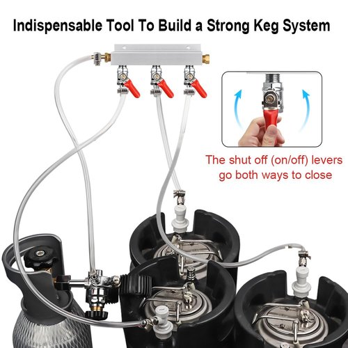 MRbrew Gas Manifold, CO2 Gas Distributor, 5/16'' Barb Fitting Beer Kegerator Splitter, 3-Way Air Distributor with Integrated Check Valves & Hose Clamps