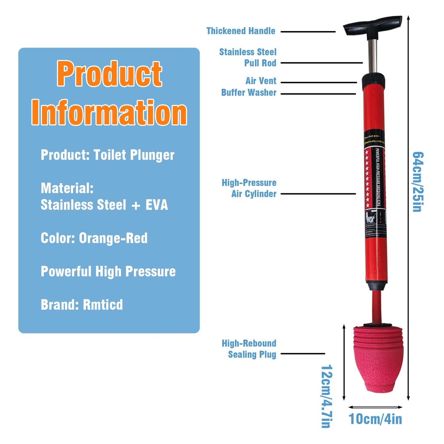 Rmticd Toilet Plunger, High-Pressure Plungers for Bathroom, Toilet Brush and Plunger Set - Powerful Air Drain Unclogger & Heavy-Duty Clog Remover for Bathroom Drains, and Clogged Pipes