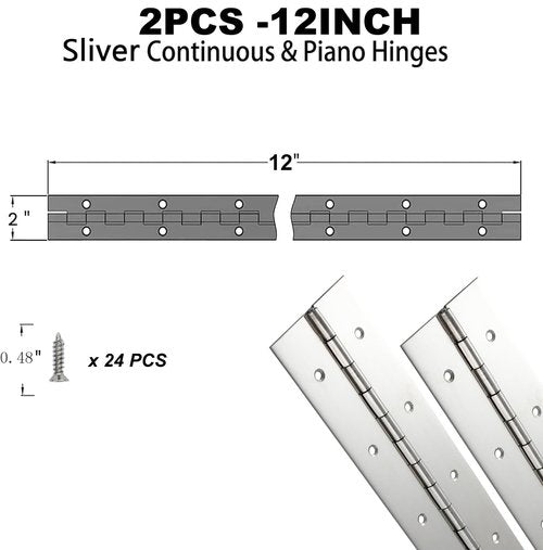 2Pack Silver Continuous & Piano Hinges 12 inch x 2Inch OpenWidth Heavy Duty Piano Hinges withHole Polished Stainless Furniture Hinges for Boats Cabinets Storage Box Door Cases with 24Screws