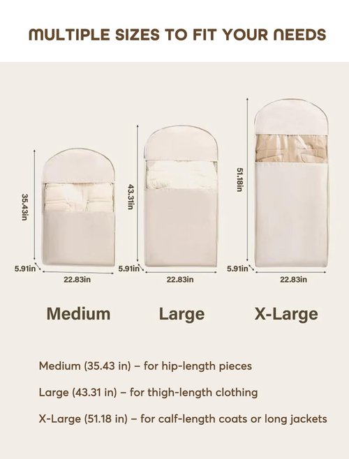 Space Saving Hanging Garment Bag with Self Compression Zipper with Large Clear Window Oat Beige Closet Organizer Otherwise Space-saving Compression Garment Bag(M+L+XL-3pcs)