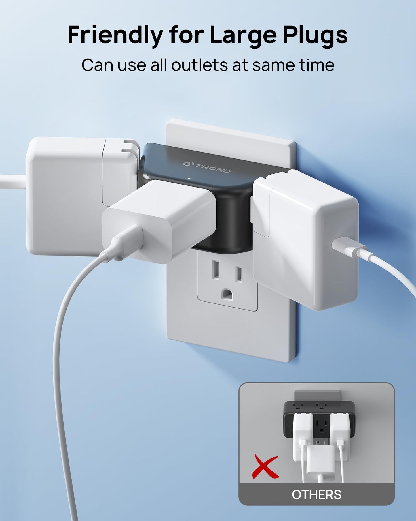 TROND Outlet Extender - 3 Prong Grounded Plug Extension Outlet, 3 Way Angled Wall Plug Splitter, Cruise Ship Essentials, Multiple Expander with 3 Electrical Sockets for Bathroom, Kitchen, Black