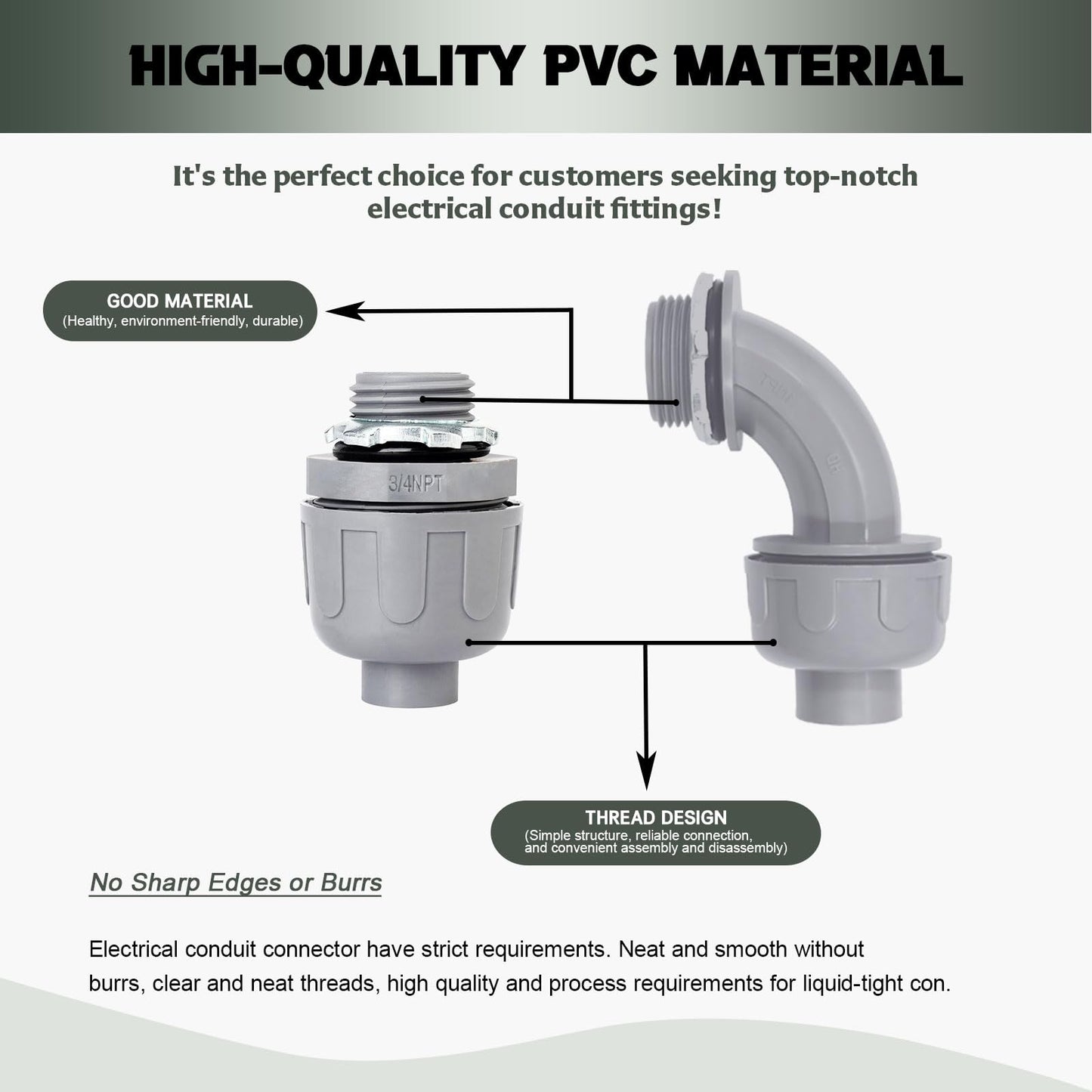 Feotech 30 Pack 3/4 Inch Liquid Tight Connectors - PVC Electrical Conduit Fittings, Straight, 90 and 180 Degree Non-Metallic Flexible Connectors for Home, Bathroom, and Kitchen, Gray