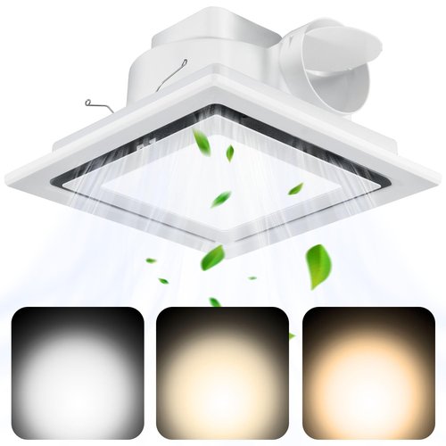 Kirumie Bathroom Exhaust Fan with Light, 110CFM Bathroom Fan with Light 3000K/4500K/6000K, Quiet Vent with Lever Wire Connectors&Duct, 12 Inch Ceiling Mount Exhaust Fan for Home, Hotel, Office