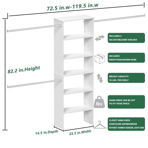 ROOMTEC Closet System, 25.5" Wide Wall-Mounted Closet Organizer Kit with Wood Storage Tower and 3 Hanging Rods, Wardrobe Closet System for Walk-In Closets, White