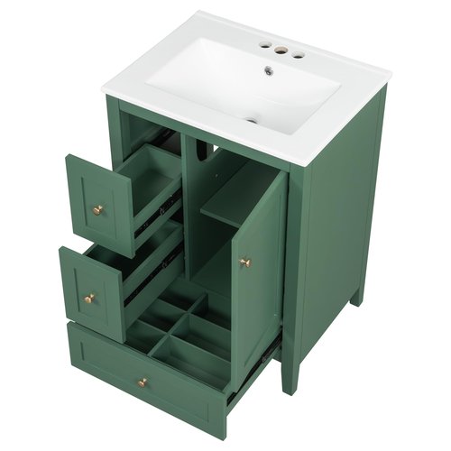Polibi 24in Bathroom Vanity with Ceramic Sink,Bathroom Cabinet with Two Drawers,Adjustable Shelf and Removable Dividers Drawer,MDF & Rubberwood, Compact Storage for Small Bathrooms (Dark Green)