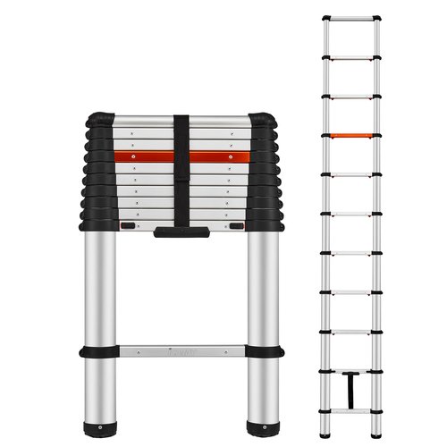 ICARRY Telescoping Ladder 10.8 FT Aluminum One-Button Retraction Collapsible Ladder, Soft Close Design Multi-Purpose Ladder w/Non-Slip Foldable Feet for RV, Household, Outdoor, 250lb Capacity