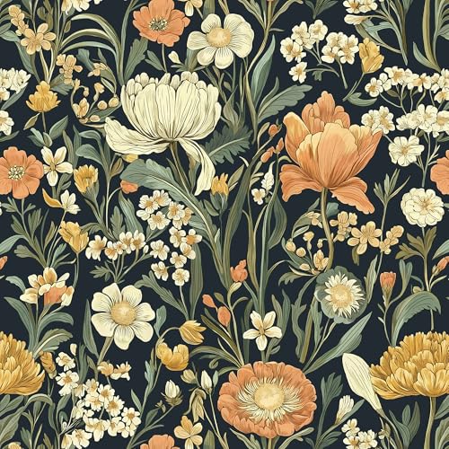 Safiyya Floral Peel and Stick Wallpaper Boho Contact Paper Peel and Stick 17.3"x 78.7" Black Wall Paper Self Adhesive Wildflower Farmhouse Removable Wallpaper for Bedroom Bathroom Vinyl Roll