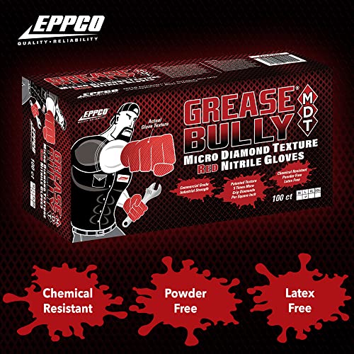 EPPCO Grease Bully 7-Mil Red Nitrile Gloves Disposable Powder Free, Latex Free Textured Superior Grip Glove, Singles