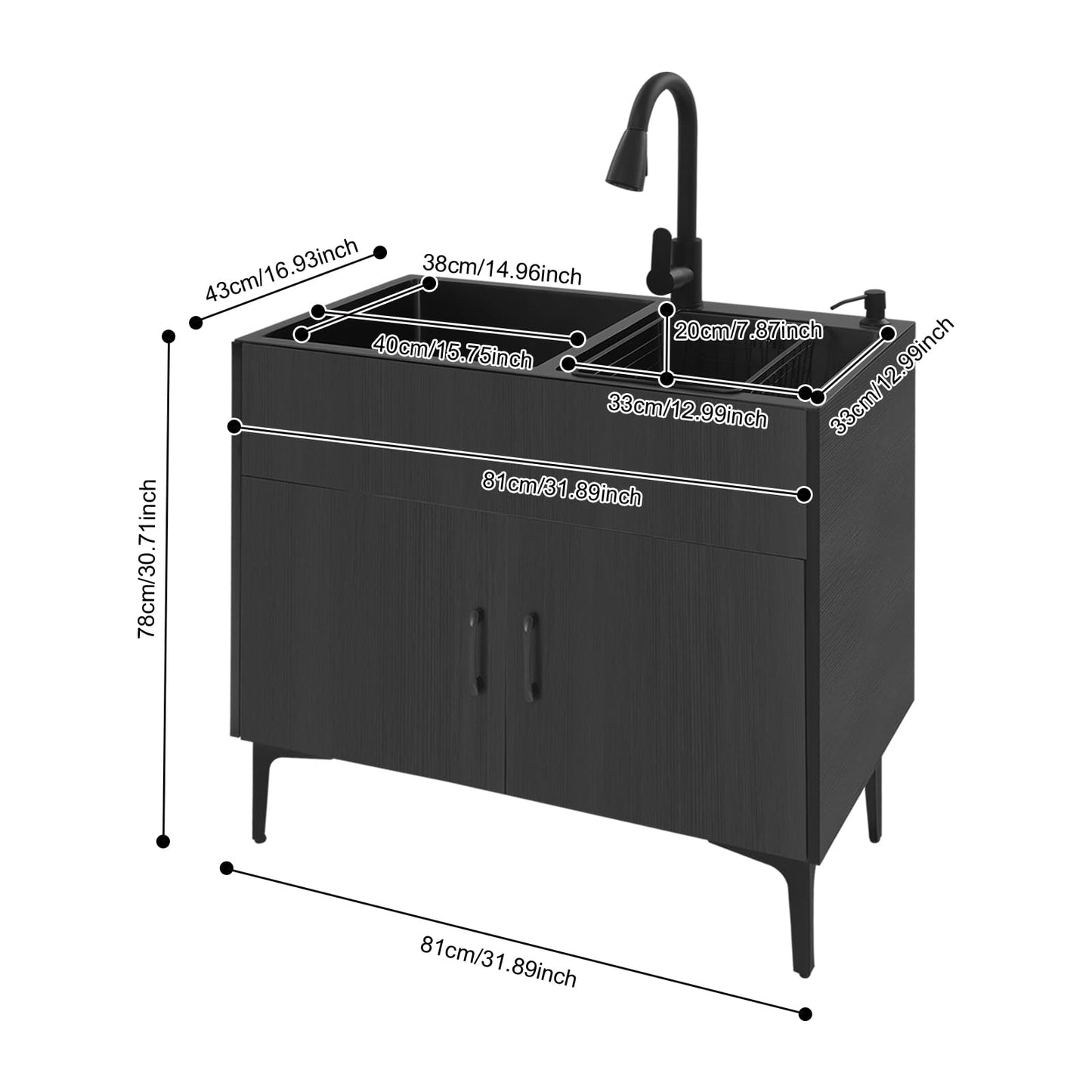 sjcdicnj All-in-One Utility Sink & Cabinet, 31-inch Freestanding Kitchen Sink Cabinet Stainless Steel Laundry Cabinet with 360° Faucet for Laundry Room, Garage, Mudroom (Black)