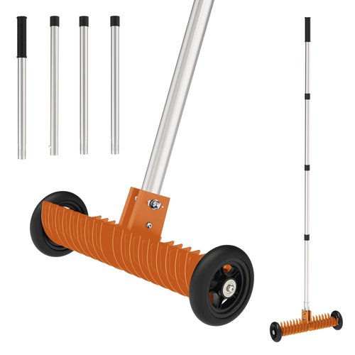 JouZYA Lawn Thatch Rake, 15-Inch Steel Dethatching Tool, Adjustable 0-15° Angle and 38-68 Inch Length, Heavy-Duty Yard Rake for Dead Grass Removal and Lawn Care (Tangerine)