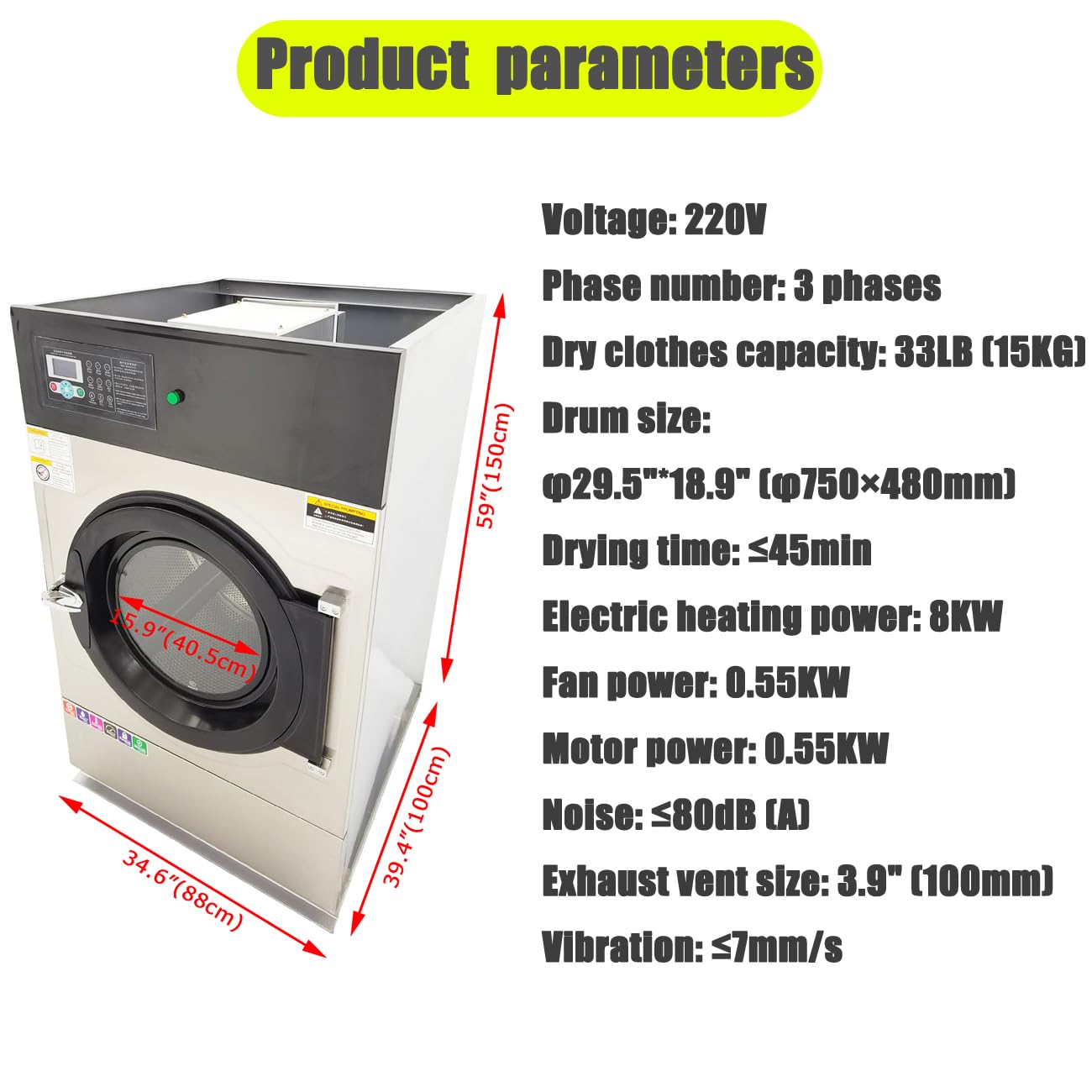 HQHAOTWU Industrial Fully Automatic Clothes Dryer 33LB Electric Dryers Machine 220V 3 phases Front Load Electric Dryers Machine