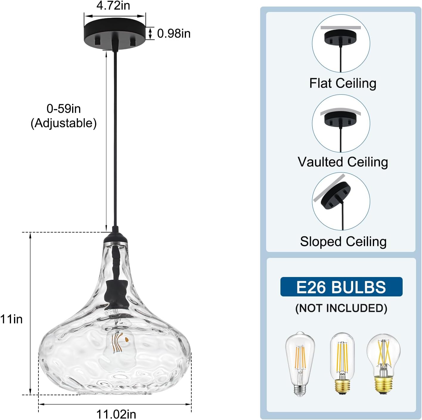 9.3" Blown Glass Pendant Lighting for Kitchen Island,Black Large Pendant Light Fixture with blown Thickened Glass,1 Light Farmhouse Hanging Light for Hallway,Bedroom, Living Room Tall 14 inch