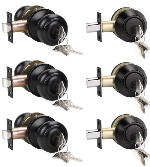 KNOBWELL 3 Pack Keyed Alike Entry Door Knobs and Single Cylinder Deadbolt Lock Combo Set Security for Exterior and Front Door, Keyed Entry Door Locksets with Deadbolt, Matte Black Finish