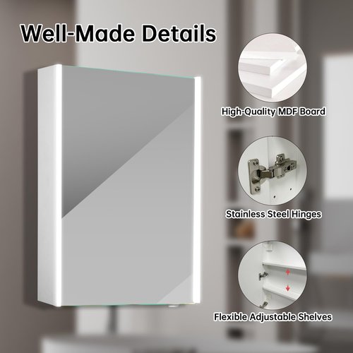HAUSCHEN HOME 28x19-1/4inch LED Medicine Cabinet Lighted Bathroom Mirror, Stepless Dimmable, 3000K/5500K Color Temperature Wall Mounted Makeup Mirror, Adjustable Shelf (Assembly Required)