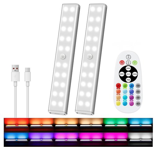 15-Color RGB Under Cabinet Lighting, Wireless Rechargeable Closet Lights, 48-LED Super Bright Night Light with Remote,10-Level Dimming & 3 Timer, Under Counter Lights for Kitchen,Stairs (2 Pack)