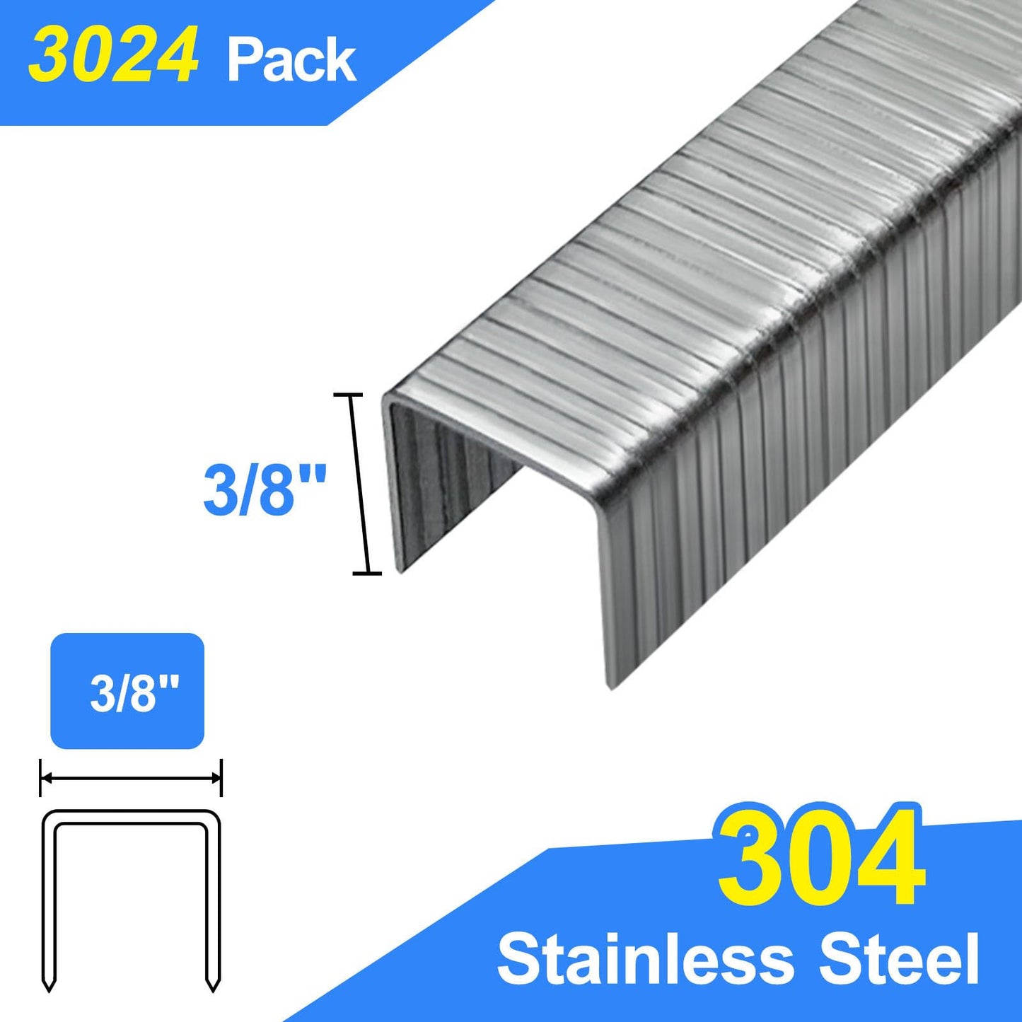 SimCos 20 Gauge 304 Stainless Steel T/50 Staples - 3/8" Crown Upholstery Staples, 3/8" Leg Length, 3024-Counts, Compatible with Staple Gun & T-50 Stapler