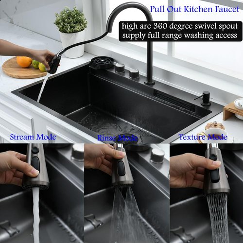 33 Inch Black Waterfall Kitchen Sink Drop In Workstation-Bokaiya 33x22 Kitchen Sink with Faucet Combo Smart Top Mount 304 Stainless Steel 16 Guage Deep Single Bowl Multifunctional Sinks