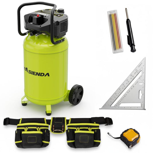 HASIENDA 20 Gallon Workshop Air Compressor,150 PSI Max, Oil-Free Vertical Compressor for Garage&Home, with a Long-Life Brushless Motor for Woodworking,Nailing, Auto Repair,Painting (tool belt Bundle)