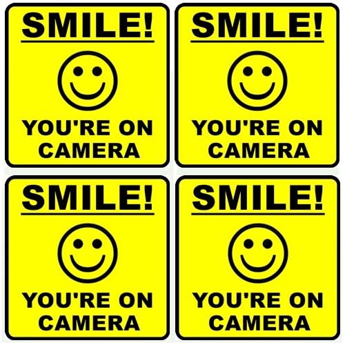Outdoor/Indoor (4 Pack) 4" Wide X 4" high Home Business Smile You're ON Camera Yellow Window Door Warning Security Alert Sticker Decals **Back Self Adhesive Vinyl**