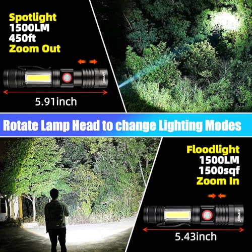 Magnetic Rechargeable Flashlight with Wide-Angle COB Side Light & Super Bright Zoomable Main Light, 4 Mode, USB-C Charging, Secure Magnetic Base for Camping, Emergency, Repairs, 2 Pack
