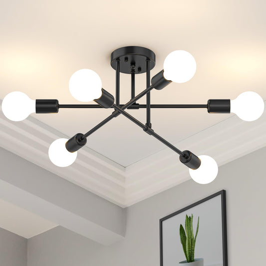 Phaosio Modern Sputnik Chandelier Ceiling Light Fixtures, 6-Lights 22” Mid Century Industrial Metal Semi Flush Mount for Dining Room, Bedroom, Living Room-Black