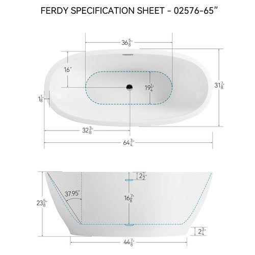 FerdY Koh Samui 65" Acrylic Freestanding Bathtub, Oval Contemporary Soaking Bathtub, Glossy White, cUPC Certified, Toe-Tap Chrome Drain & Overflow Assembly Included