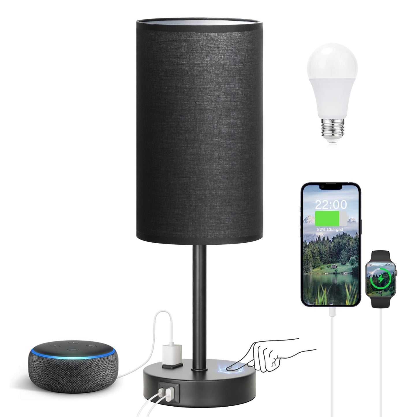 Fenmzee Touch Nightstand Lamp - Black, 3-Way Dimmable, USB A + C Charging, AC Outlet, 17.4inch Medium
