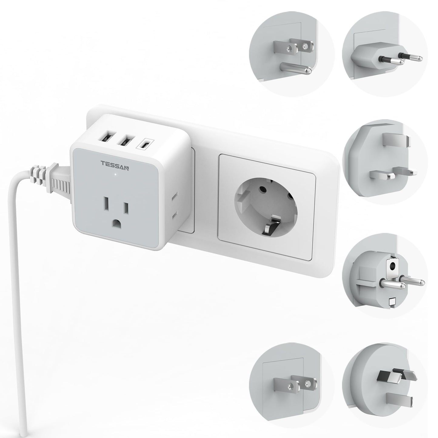 TESSAN All European UK Travel Plug Adapter Kit, 6-in-1 International Power Adapter with 3 USB (1 USB C) and 3 AC Outlets, Supports Type C, G, E/F, I, A, B for US to Europe UK Italy Australia Japan